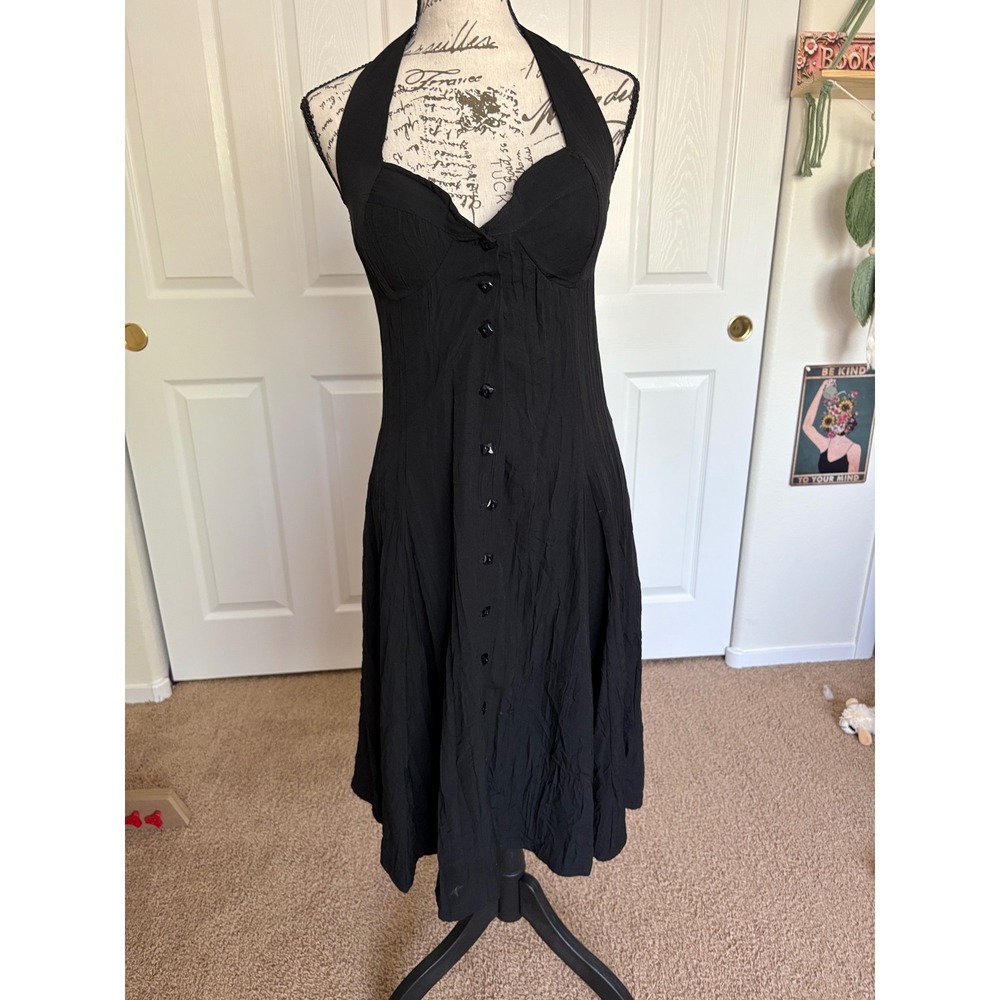 Des Filles a la Vanille Black Halter Midi Dress Corset Back Gothic Whimsygoth S